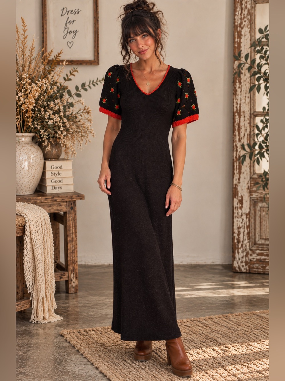 Vintage 1970s Brown Knit Maxi Dress — Blood Orange Floral Trim